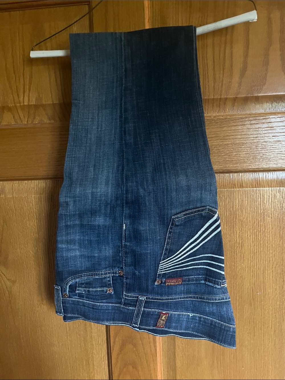 7 For All Mankind Dark Blue Bootcut Jeans with White Pocket Stripes